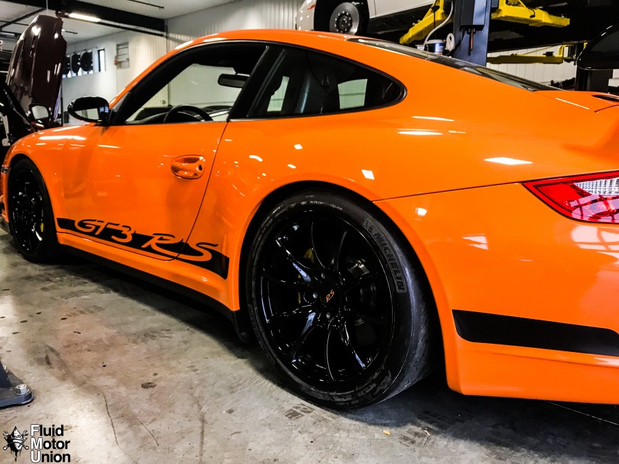 Black Wheel Powder Coating in Naperville Porsche GT3 RS drivers side orange
