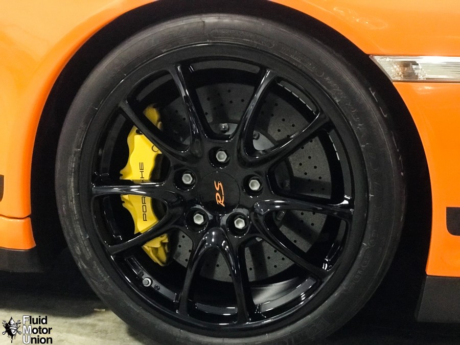 Black Wheel Powder Coating in Naperville Porsche GT3 RS yellow caliper